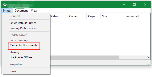 click Cancel All Documents in printing queue
