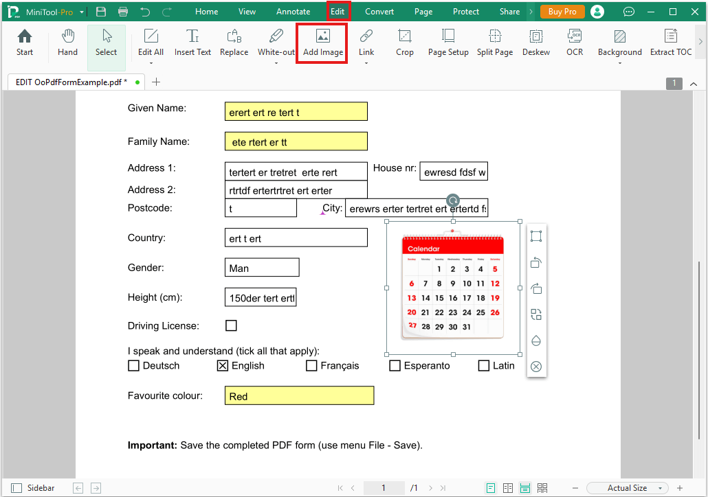 add a static calendar in PDF form via MiniTool PDF Editor