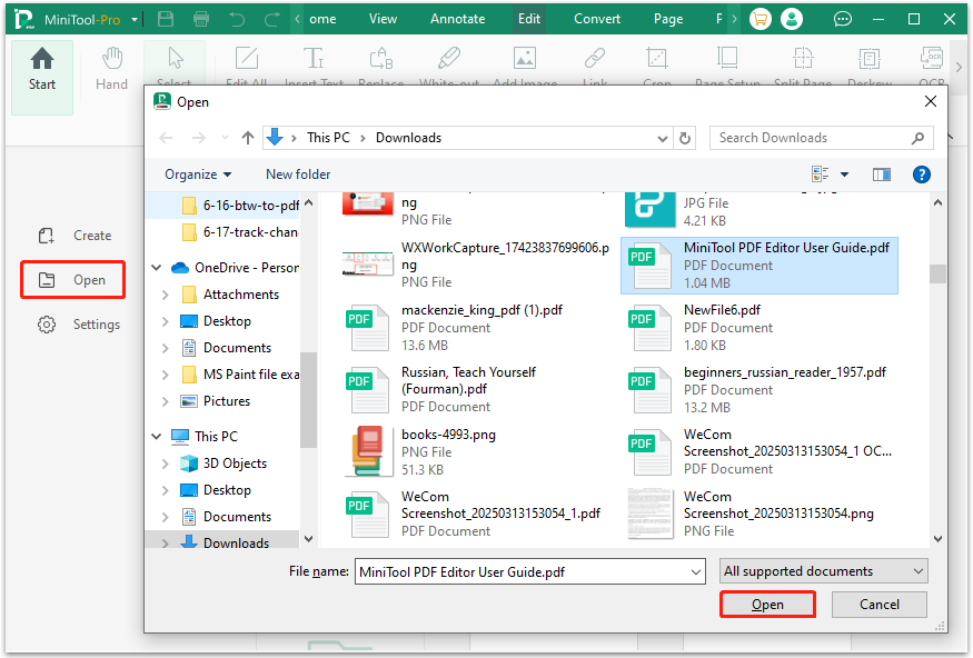 open PDF file in MiniTool PDF Editor