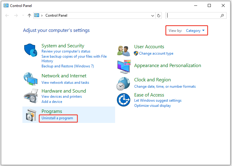 Uninstall a program under Programs