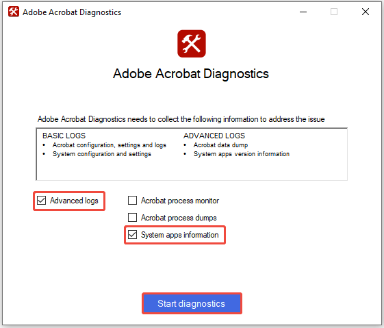 configure settings and click Start diagnostics