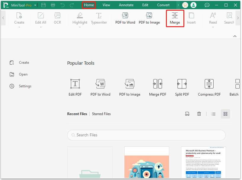 click the Merge feature in MiniTool PDF Editor
