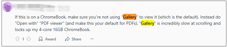 a user report in Reddit