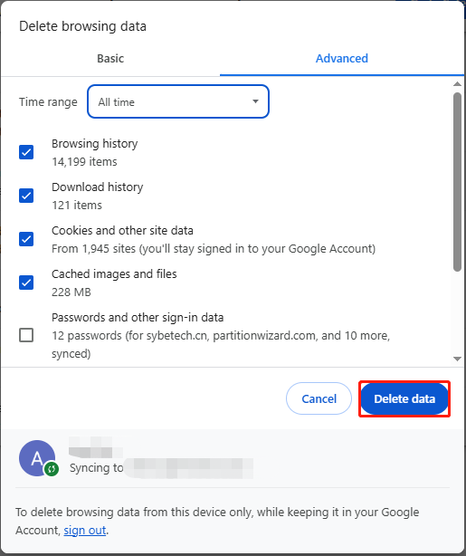 clear Chrome cache data