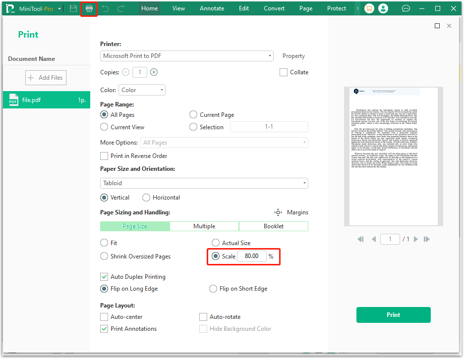 change the scale to customize PDF size