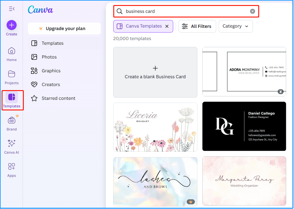 search for business card templates from Canva