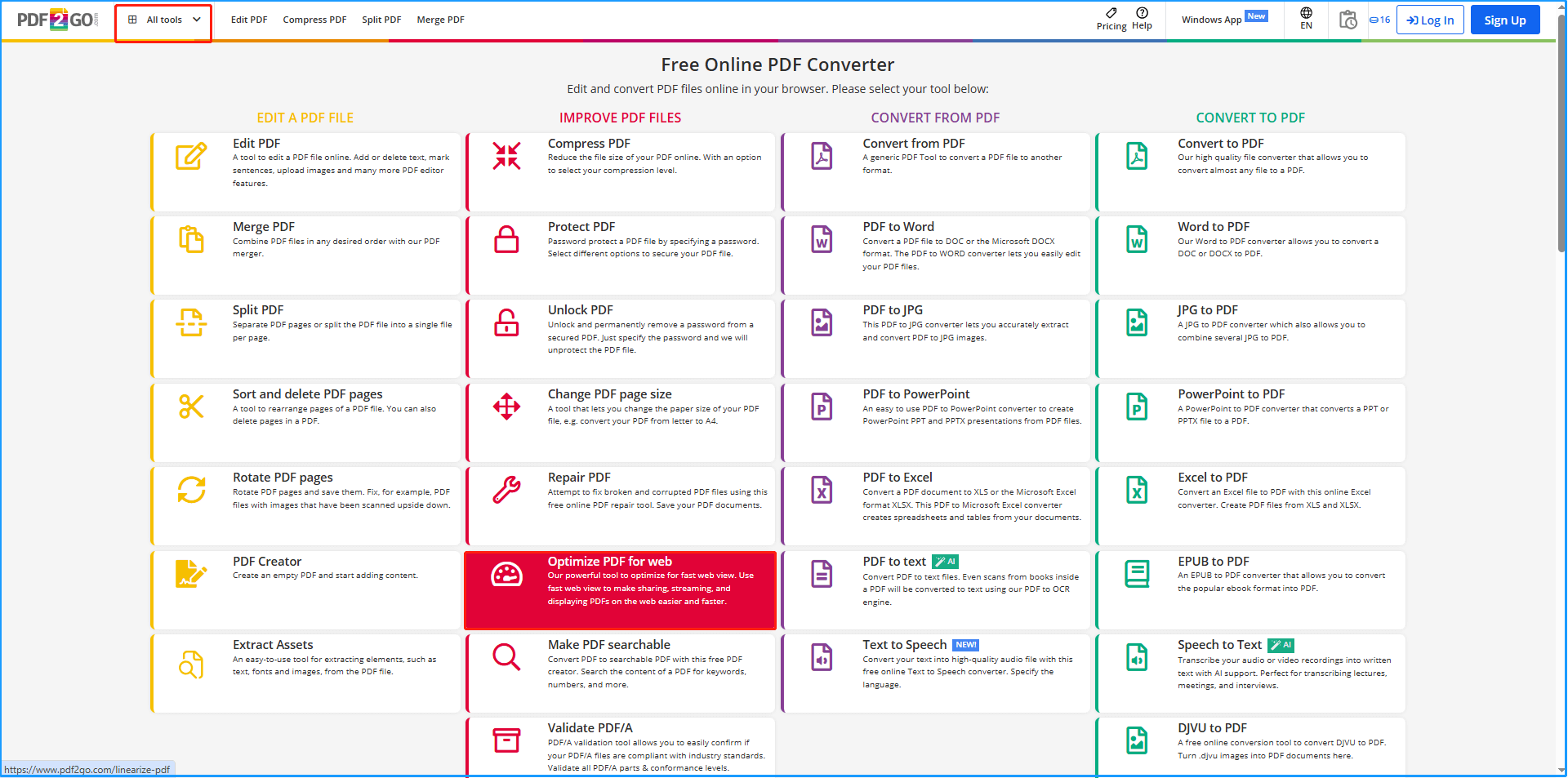 choose the Optimize PDF for web option