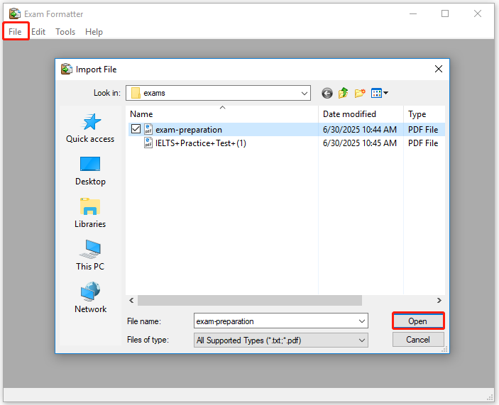 open PDF in Exam Formatter