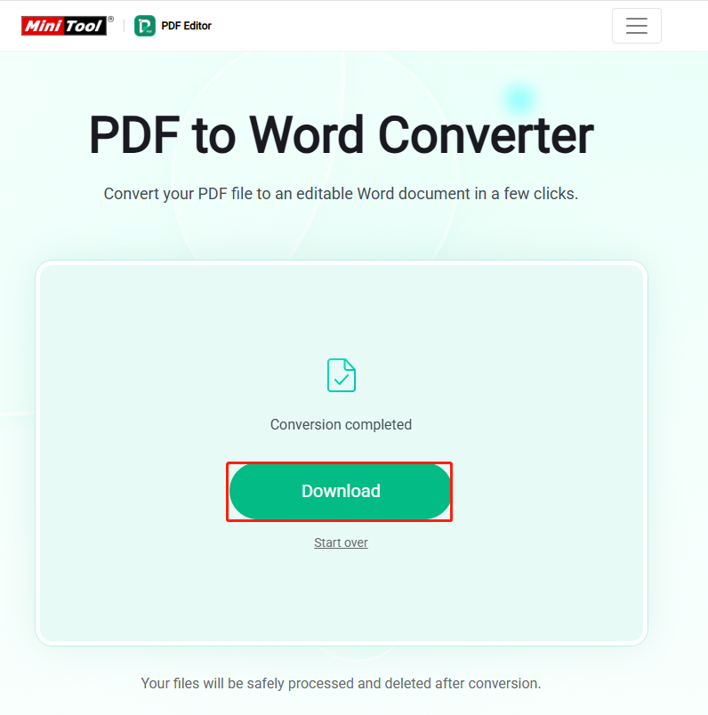 download the converted Word file on MiniTool PDF Online Converter