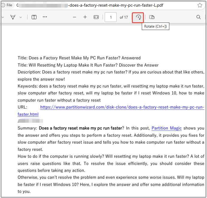 rotate the PDF by clicking the rotate icon or shortcut