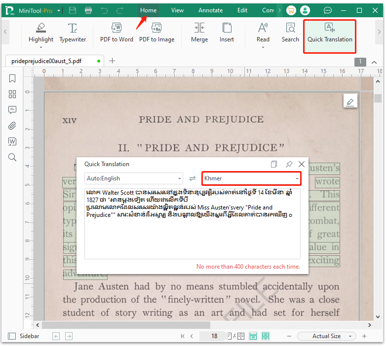 translate English PDF to Khmer using MiniTool PDF Editor