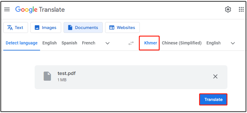 translate English PDF to Khmer using Google Translate