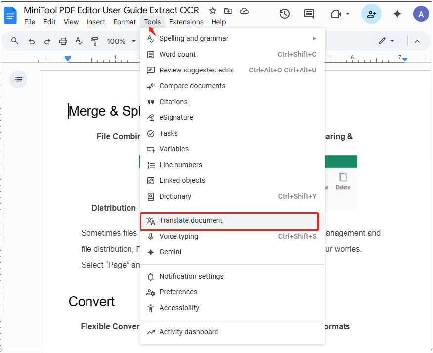 select Translate document in Google Docs