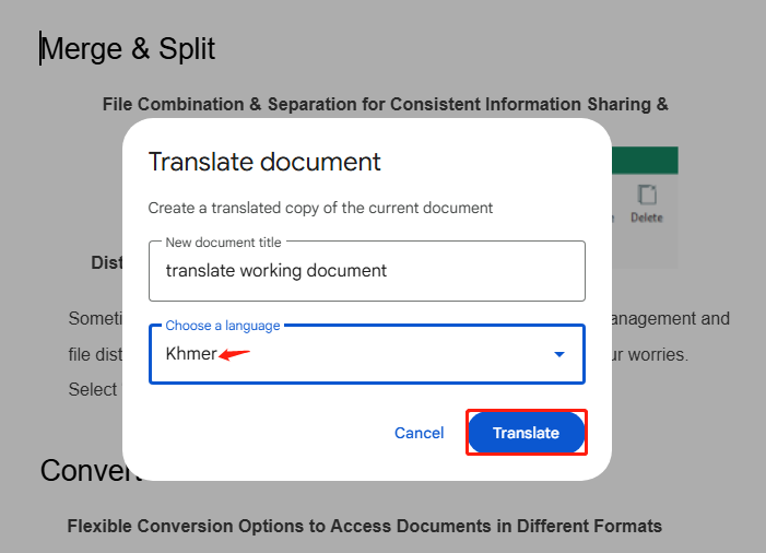translate PDF from English to Khmer using Google Docs