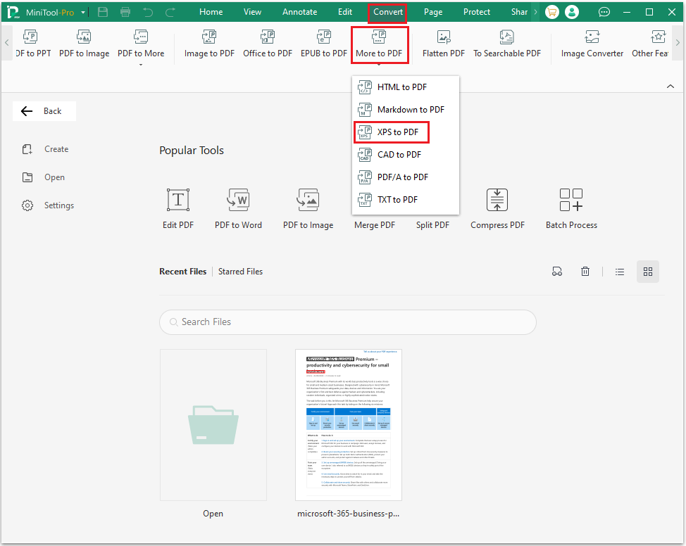 click XPS to PDF in MiniTool PDF Editor