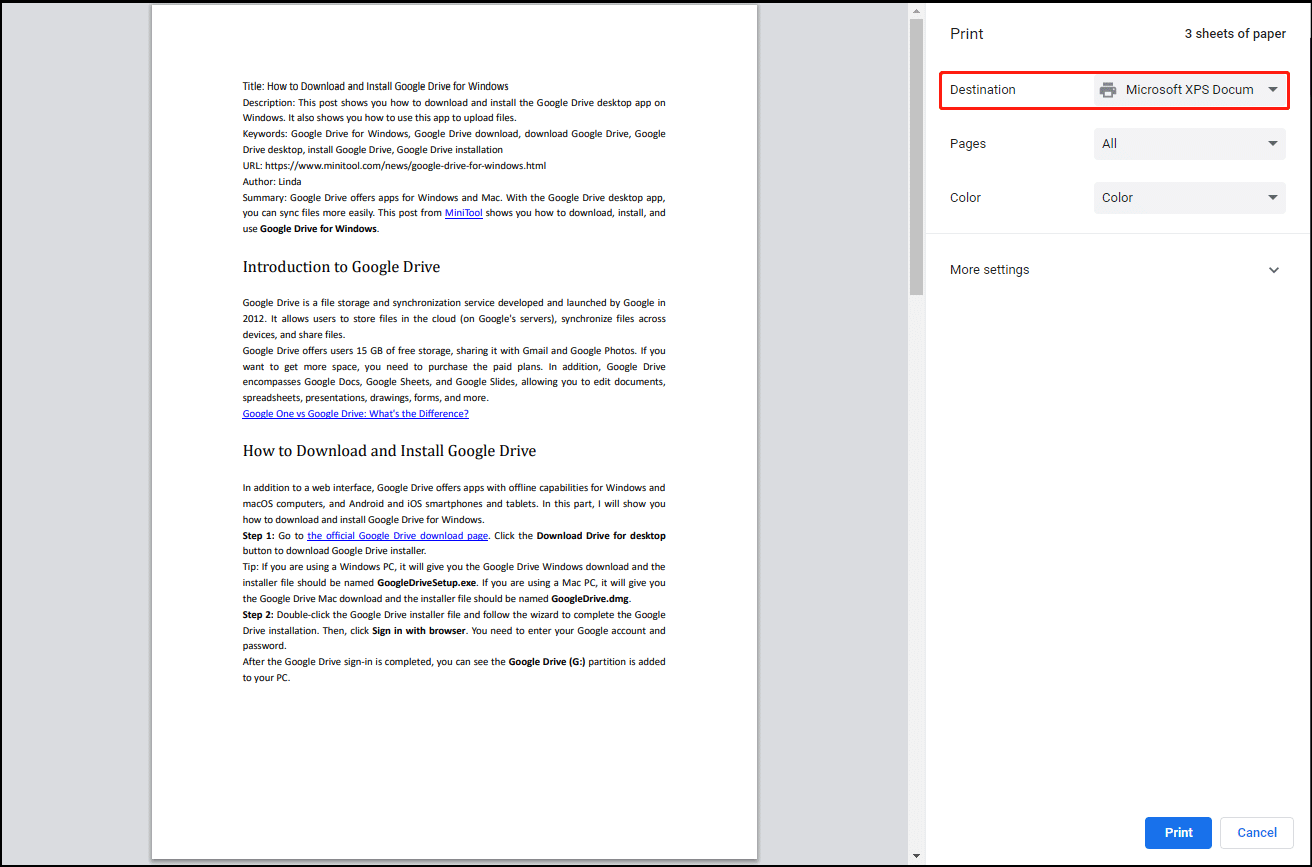 convert PDF to XPS in MiniTool PDF Editor