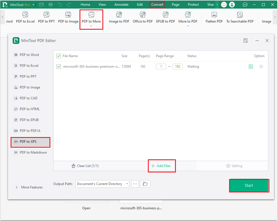 convert PDF to XPS