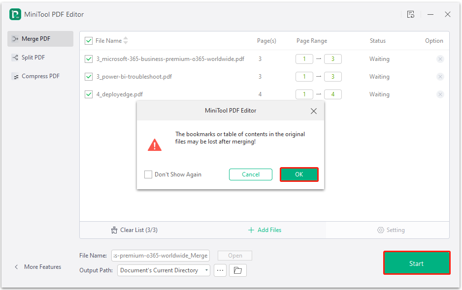 click Start and OK sequentially