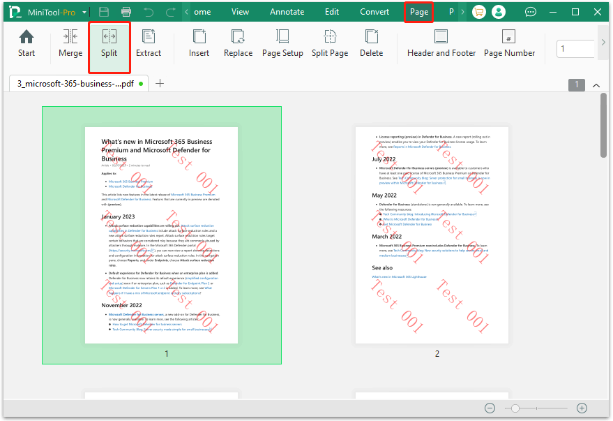 click Split under the Page tab
