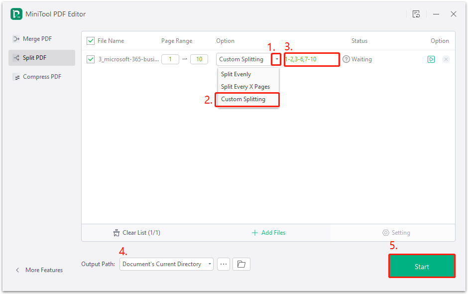set split options and execute the operation