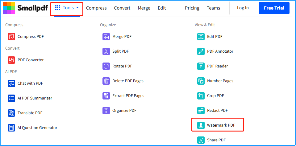 select Watermark PDF from the drop-down menu of Tools