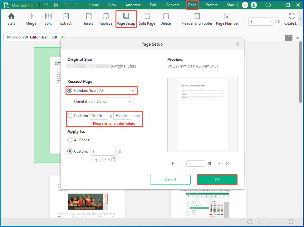 configure the page size in MiniTool PDF Editor