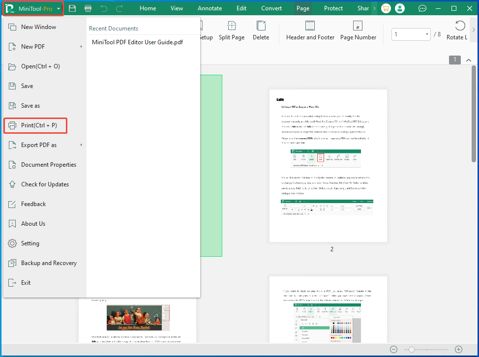 navigate to the Print option of MiniTool PDF Editor