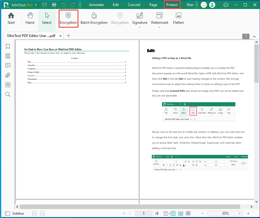 navigate to the Encryption option in MiniTool PDF Editor