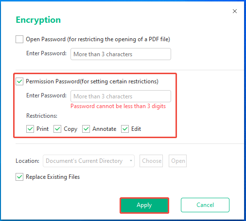 set the owner password in MiniTool PDF Editor