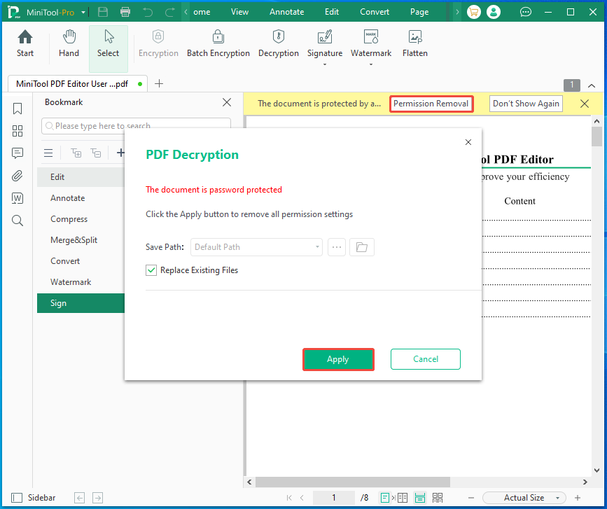 remove the owner password with MiniTool PDF Editor