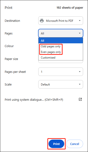 print odd or even pages in PDF using Google Chrome