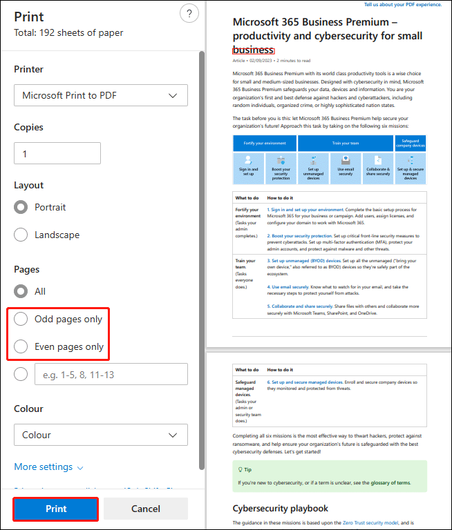 print odd or even pages in PDF using Microsoft Edge
