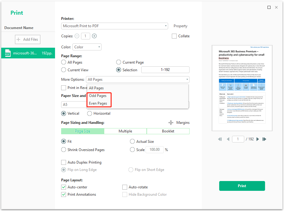 choose odd pages or even pages in MiniTool PDF Editor