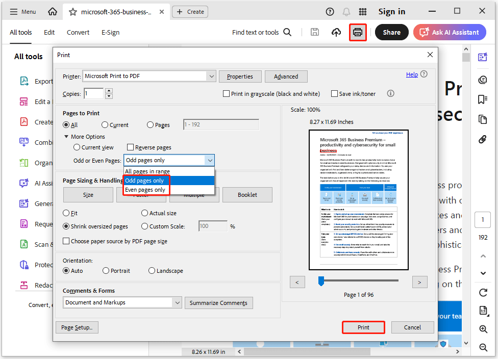 print odd or even pages in PDF using Adobe Acrobat