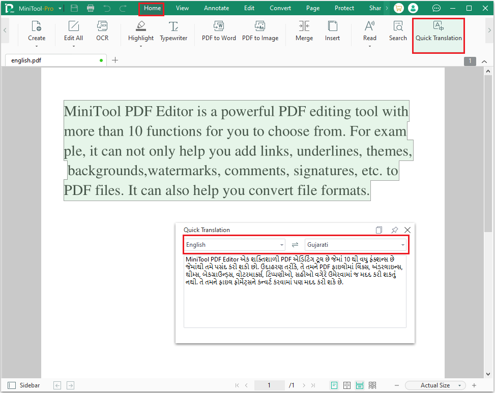 translate PDF from English to Gujarati in MiniTool PDF Editor