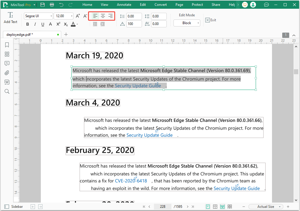 screenshot showing text alignment in MiniTool PDF Editor