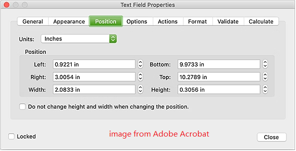 screenshot showing form field position properties in Adobe Acrobat
