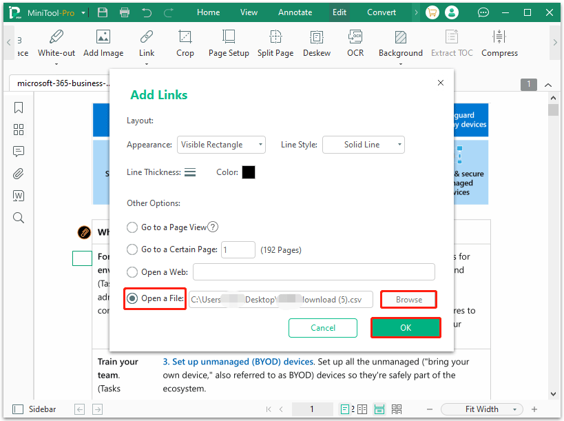 select the Excel file to embed into PDF