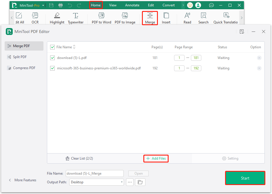 combine two PDFs into one using MiniTool PDF Editor