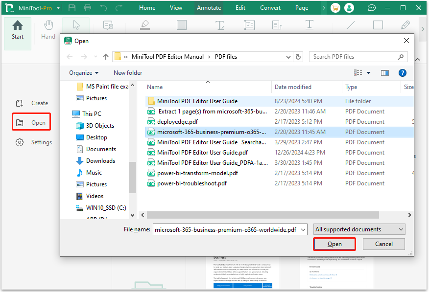 open PDF file in MiniTool PDF Editor