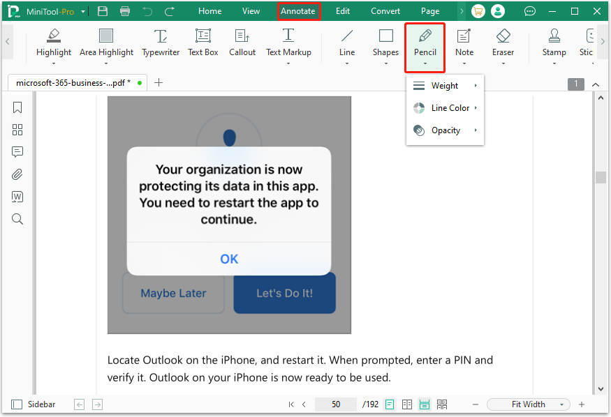 select Pencil from the Annotate tab