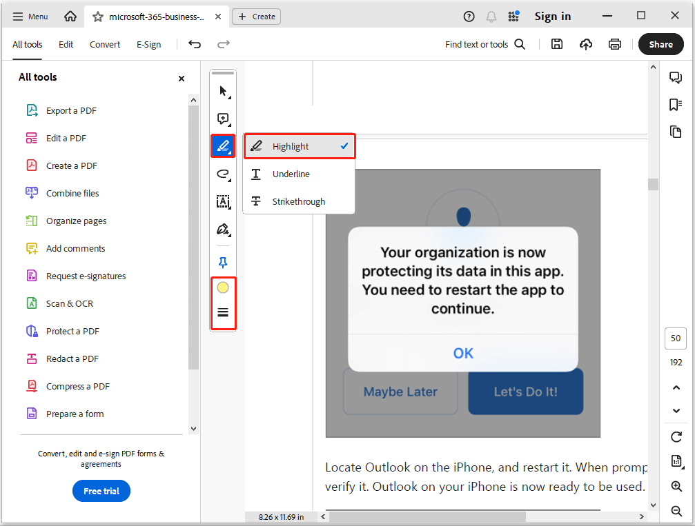 select Highlight in Adobe Acrobat