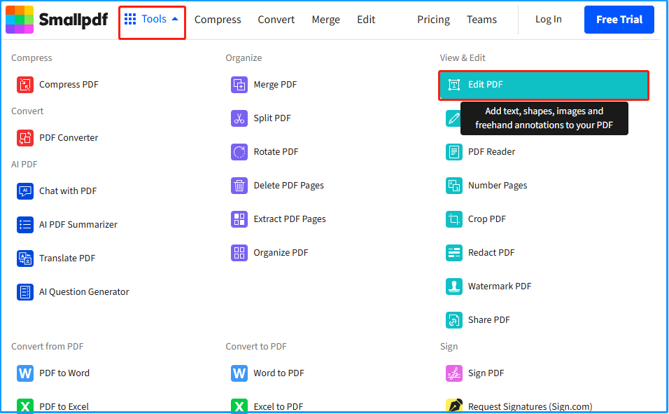 select Edit PDF from the drop-down menu of Tools