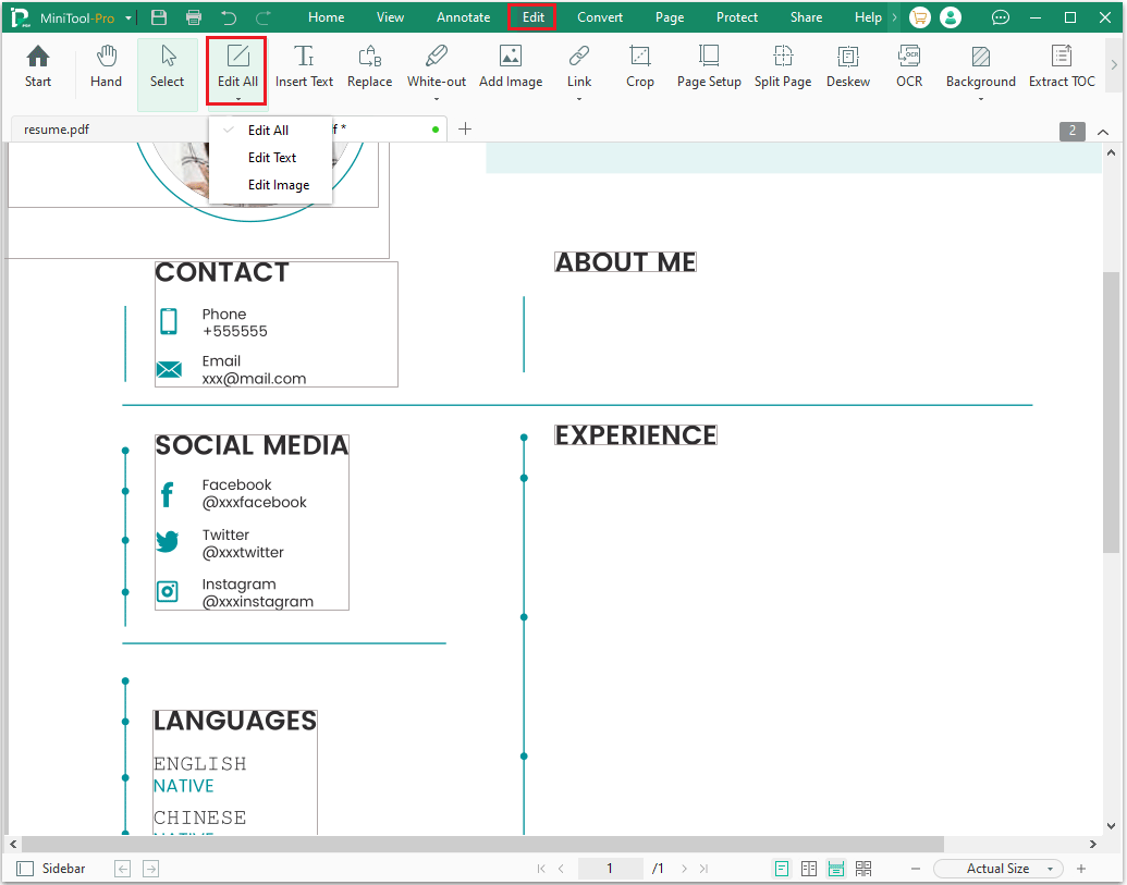 edit PDF resume in MiniTool PDF Editor