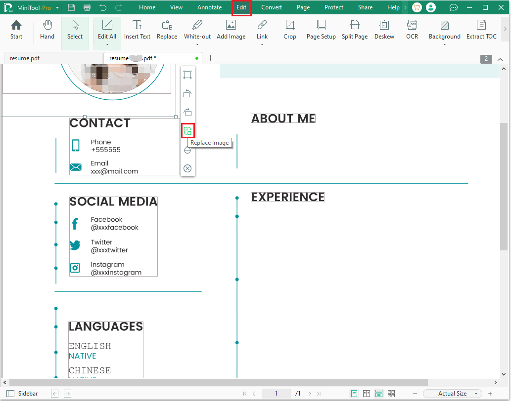 select replace image icon in MiniTool PDF Editor