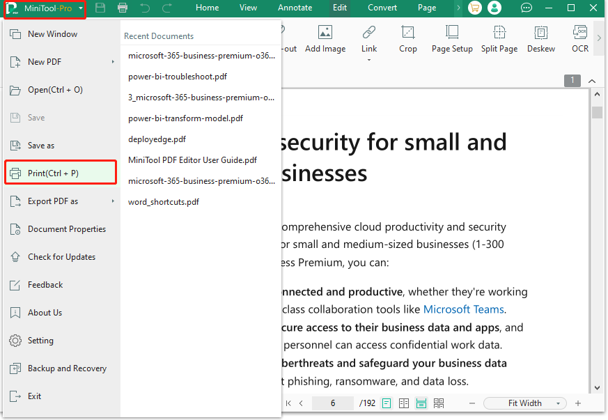 select Print from the drop-down menu