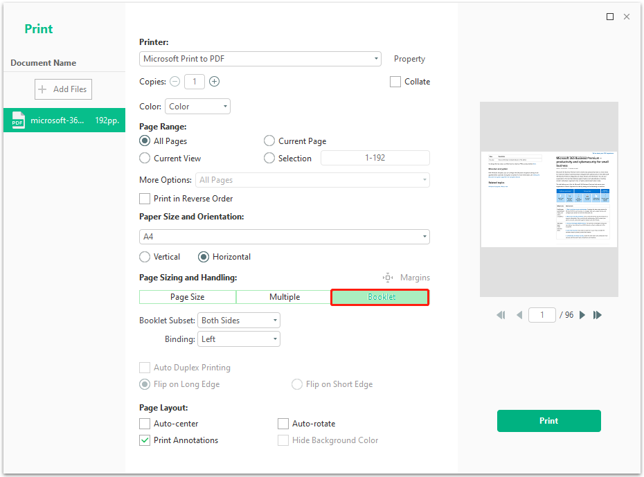 choose Booklet under the Page Sizing and Handling section