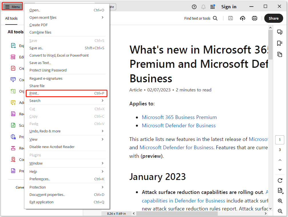 select Print from the drop-down menu