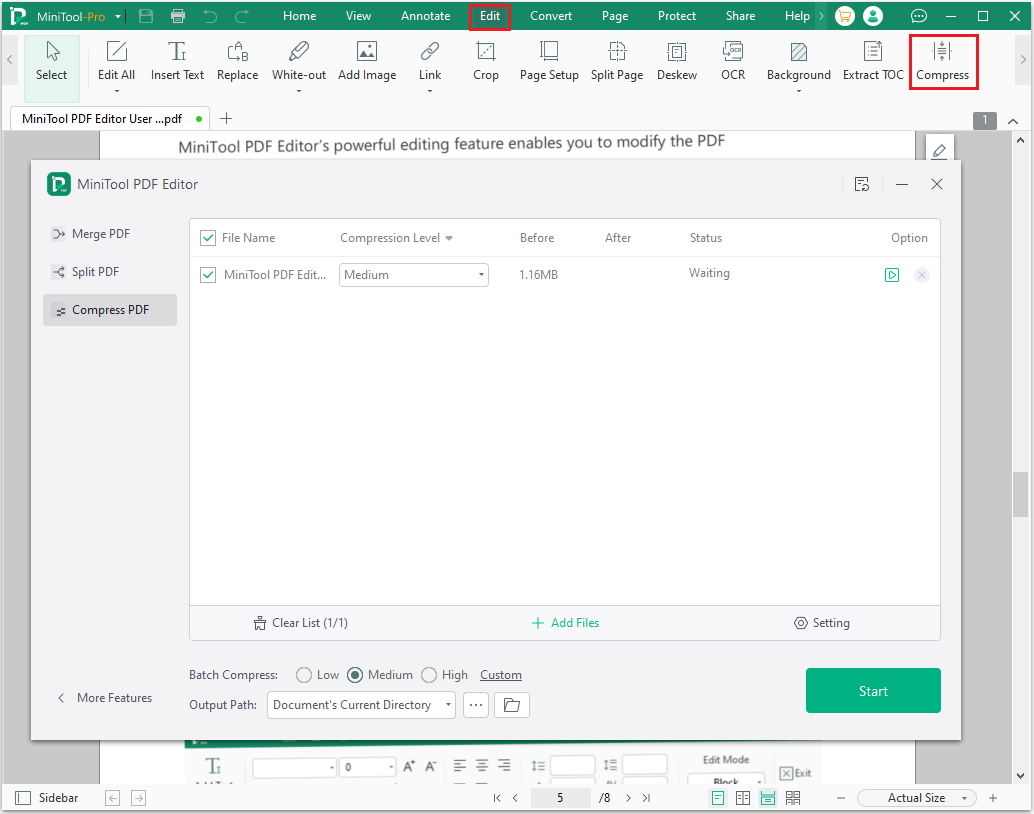 compress PDF file in MiniTool PDF Editor