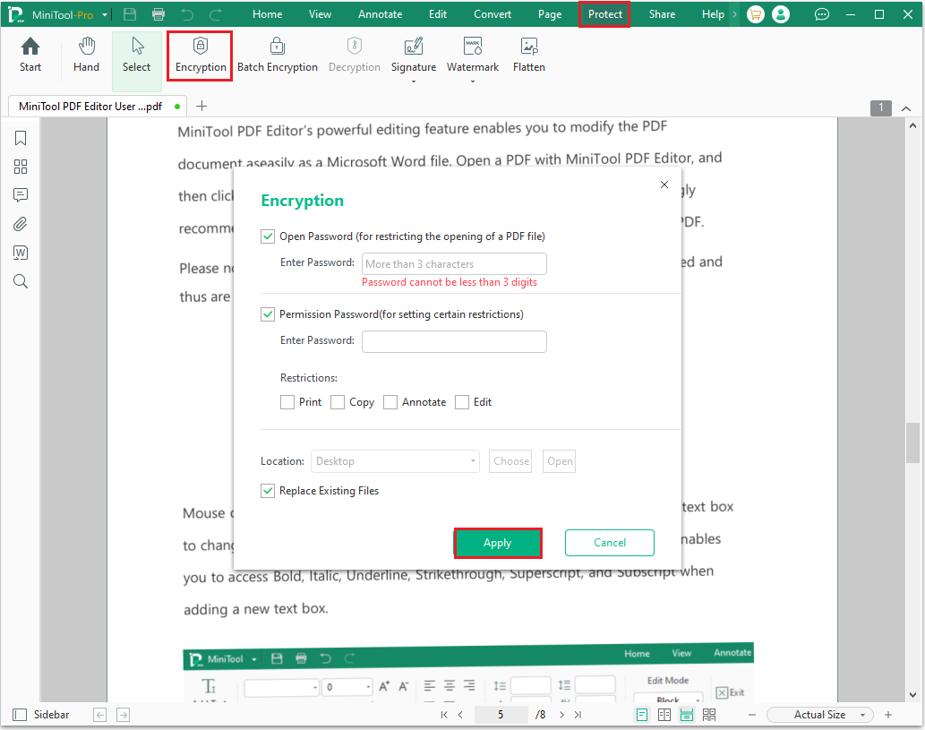 encrypt PDF in MiniTool PDF Editor